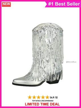 Faux Leather Pointed Toe Ankle Booties with Tassels and Sequins, Western Style